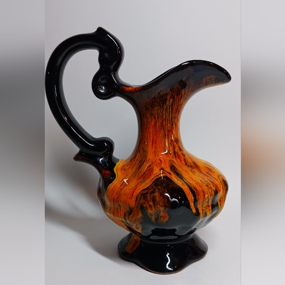 Pottery Evangeline Ware Drip Glaze Orange Dark Brown/Black Jug Vintage Pitcher - Picture 2 of 6